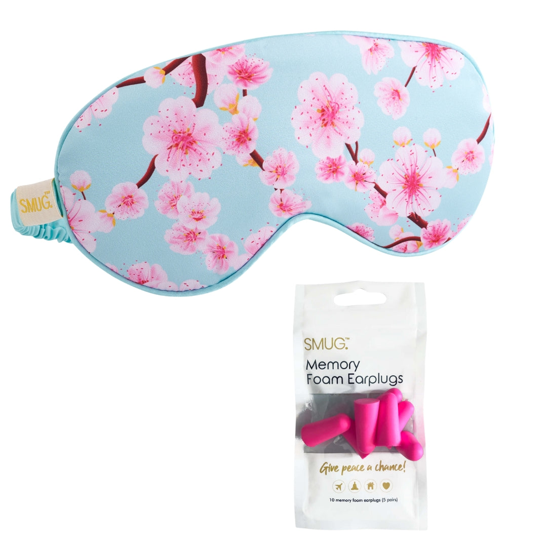 Satin Sleep Mask - Cherry Blossom Print Sleep Mask & Pink Earplugs