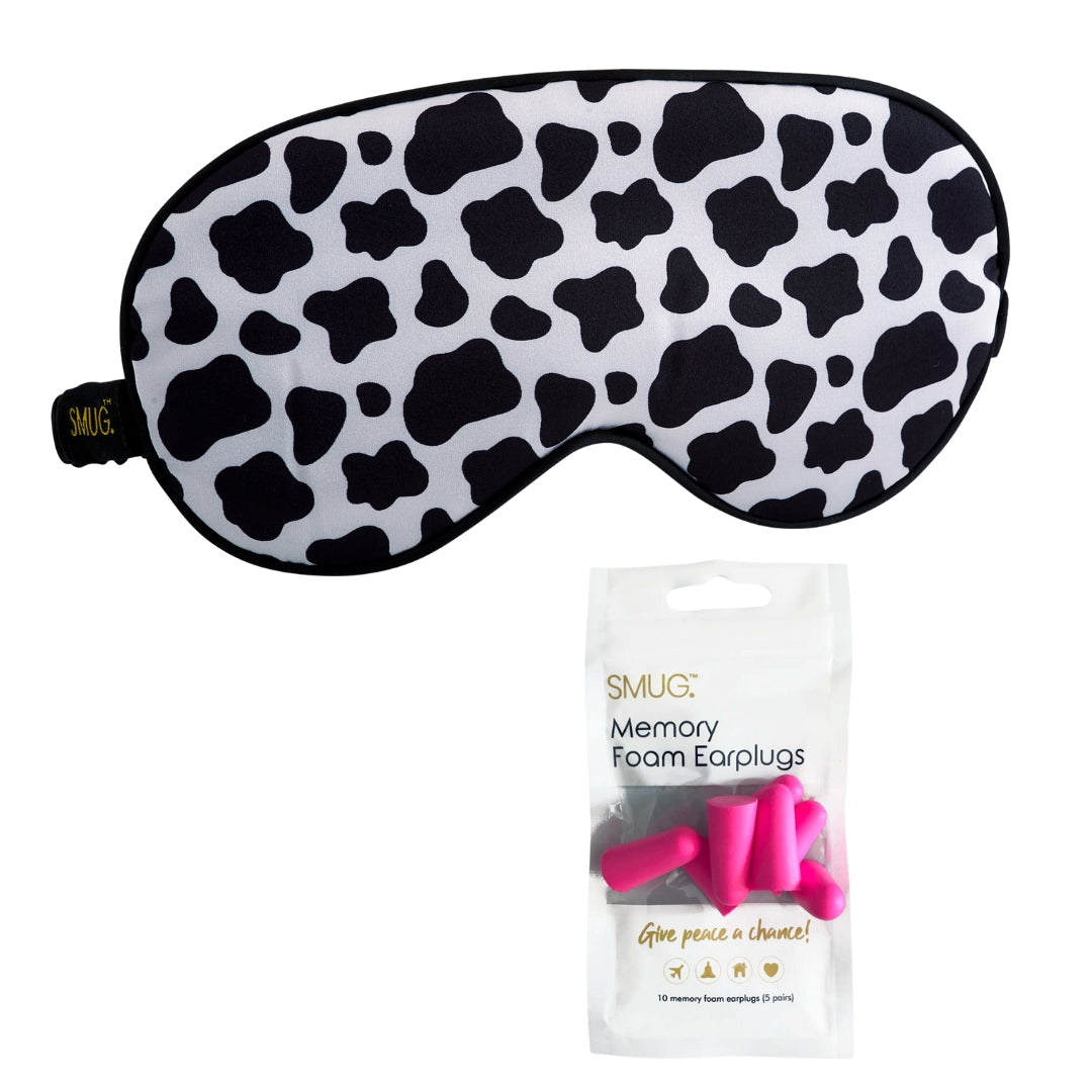 Satin Sleep Mask - Cow Print Sleep Mask & Pink Earplugs