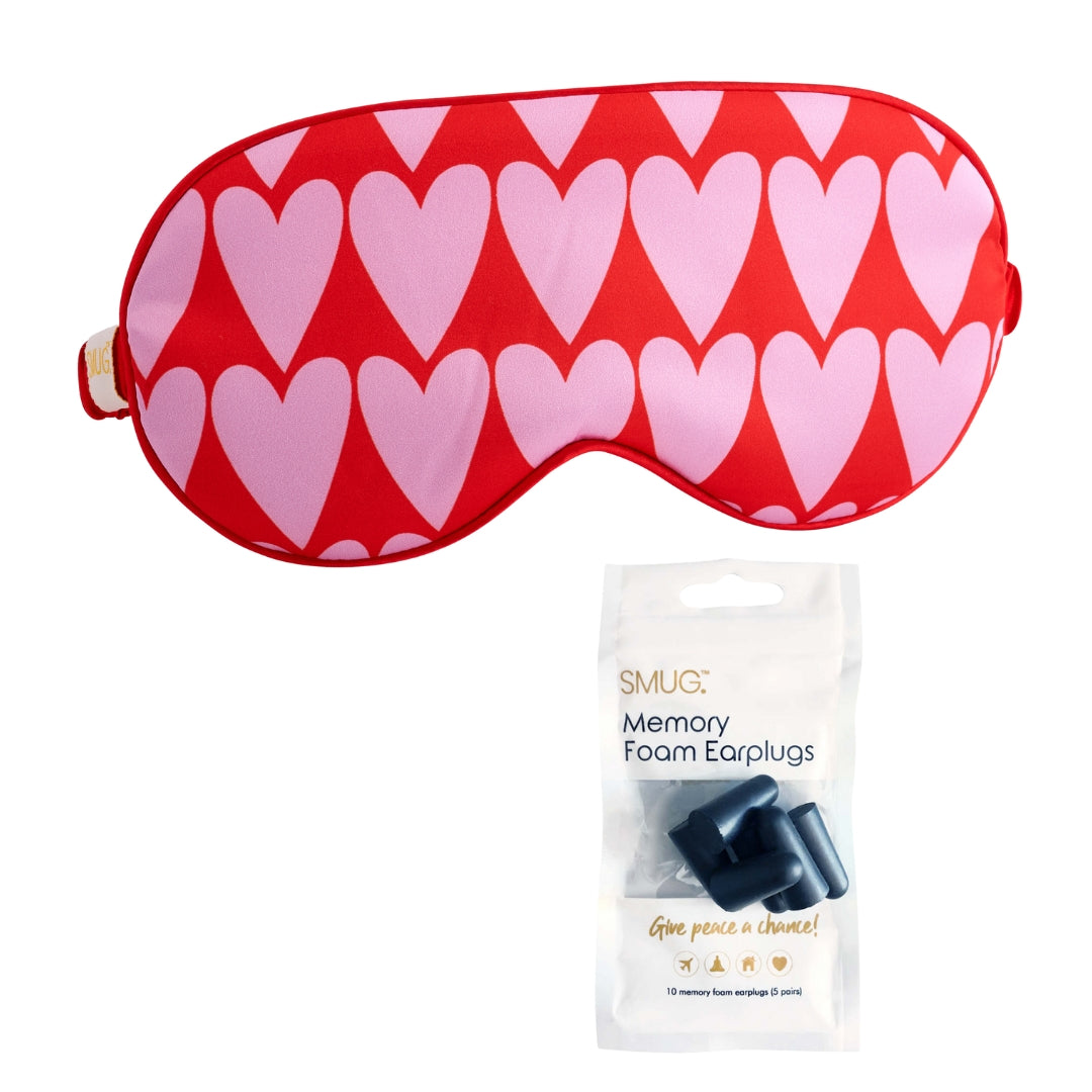 Satin Sleep Mask - Longheart Print Sleep Mask & Black Earplugs