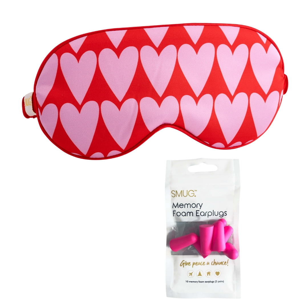 Satin Sleep Mask - Longheart Print Sleep Mask & Pink Earplugs