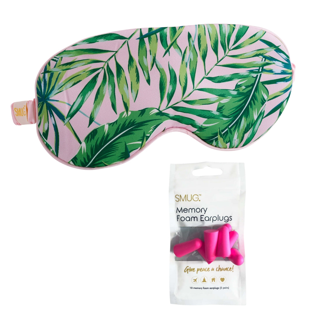 Satin Sleep Mask - Palm Print Sleep Mask & Pink Earplugs