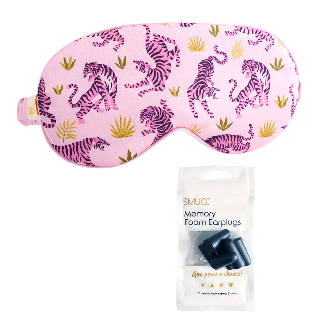Satin Sleep Mask - Pink Tiger Sleep Mask & Black Earplugs