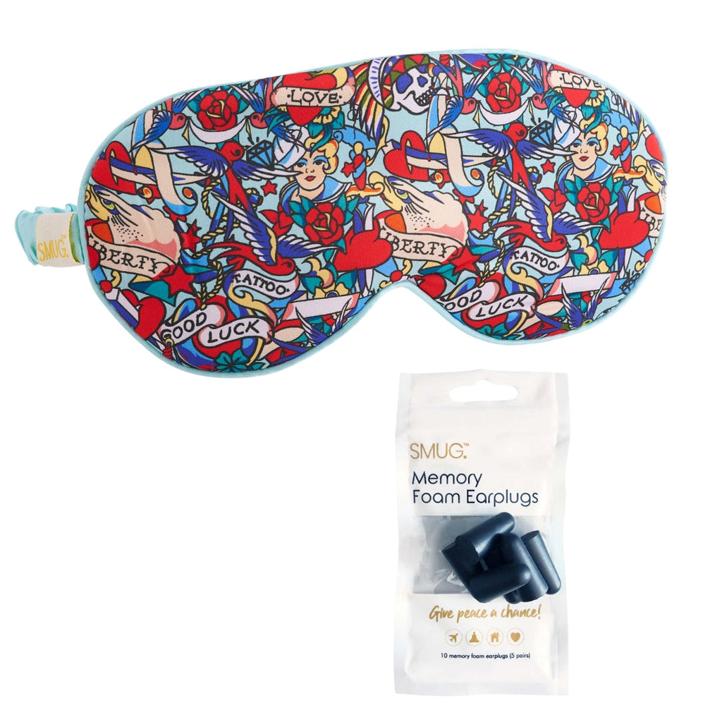 Satin Sleep Mask - Tattoo Print Sleep Mask & Black Earplugs