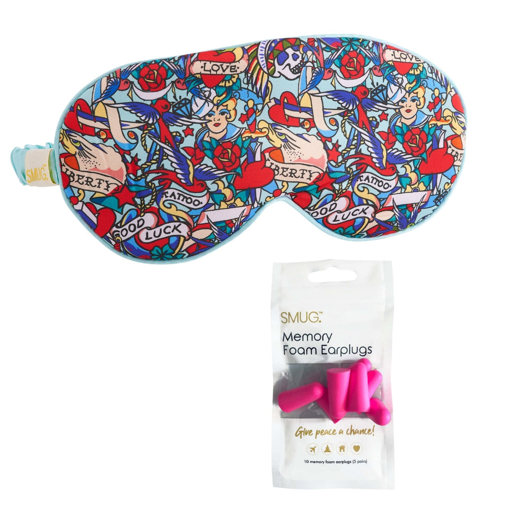 Satin Sleep Mask - Tattoo Print Sleep Mask & Pink Earplugs