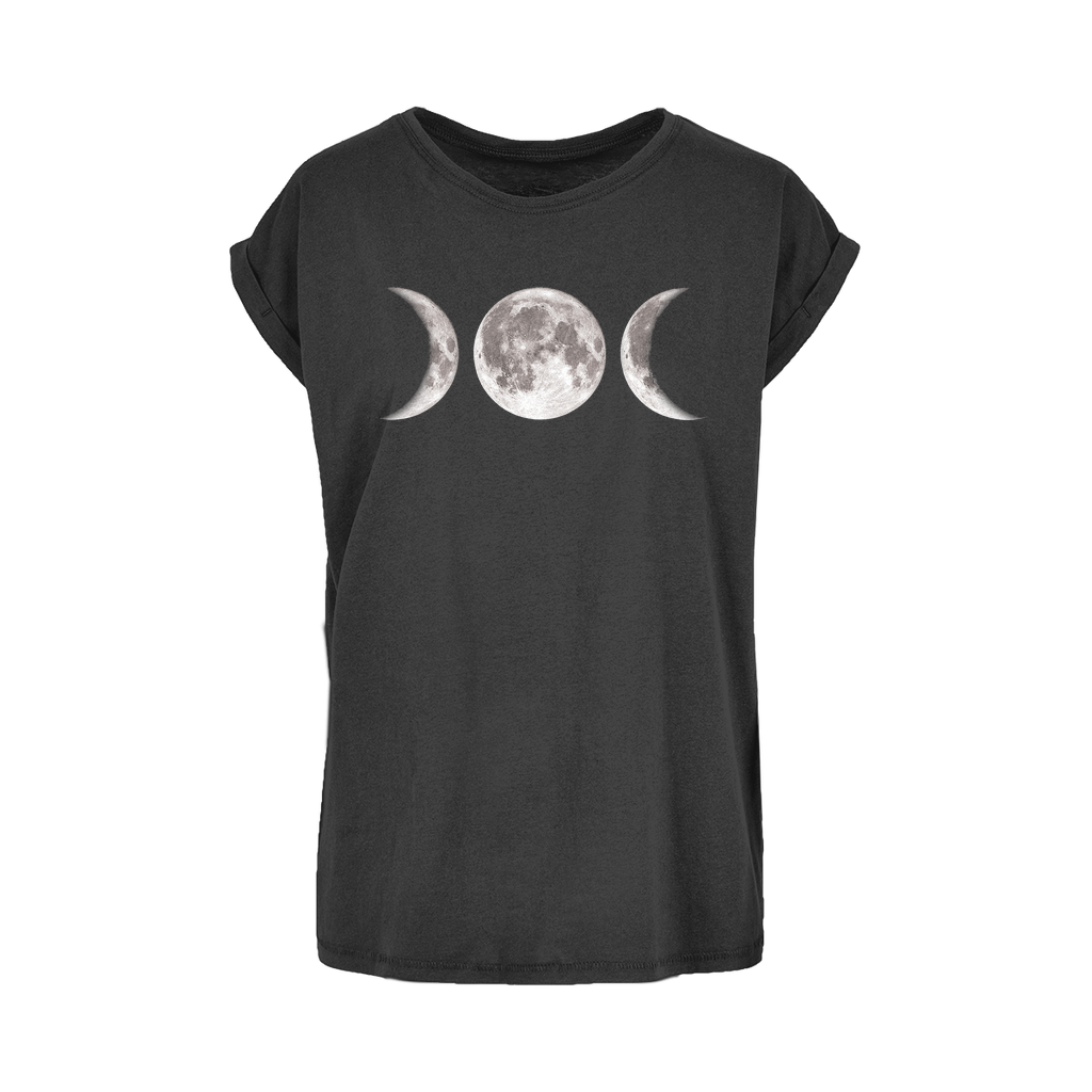 Triple Goddess Women’s Extended Shoulder T‑Shirt XS–5XL | 100% Cotton Moon Phase Tee Black Womens